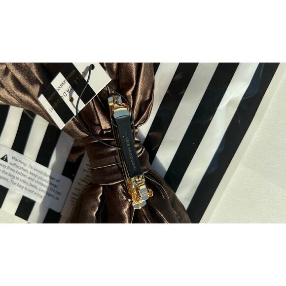 RARE Lele Sadoughi Brown Silk Crystals Chunky Bow Barrette Gold Logo - Picture 5 of 8